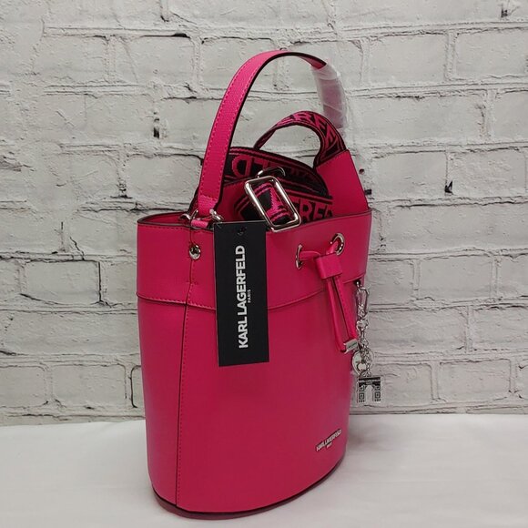 KARL LAGERFELD PARIS 'ADELE' BUCKET STYLE HANDBAG W/ LOGO WEBBING STRAP - Picture 3 of 16